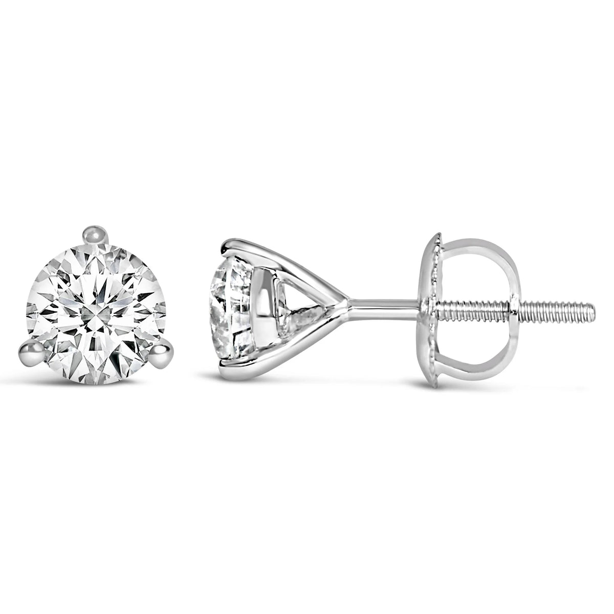 14K White Gold 3-Prong Martini Set Brilliant Round-Cut Solitaire Lab Grown Diamond Screwback Stud Earrings (F-G Color, VS1-VS2 Clarity)