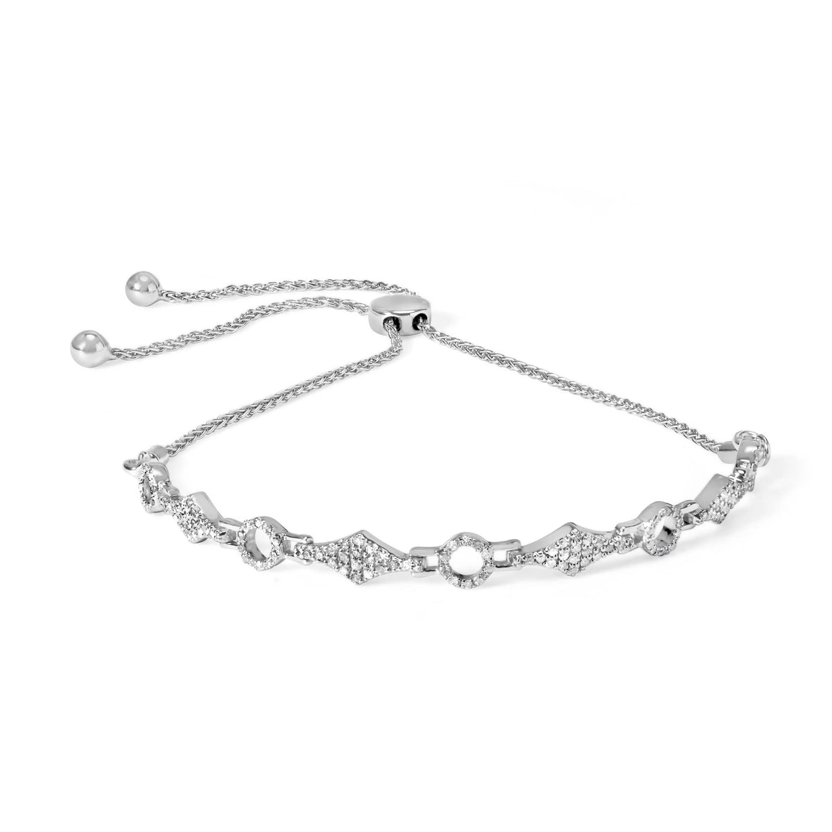 .925 Sterling Silver 1/2 Cttw Diamond Alternating Circle and Kite Link Adjustable Bolo Bracelet (I-J Color, I3 Clarity) - 4&quot; to 10&quot; Inches