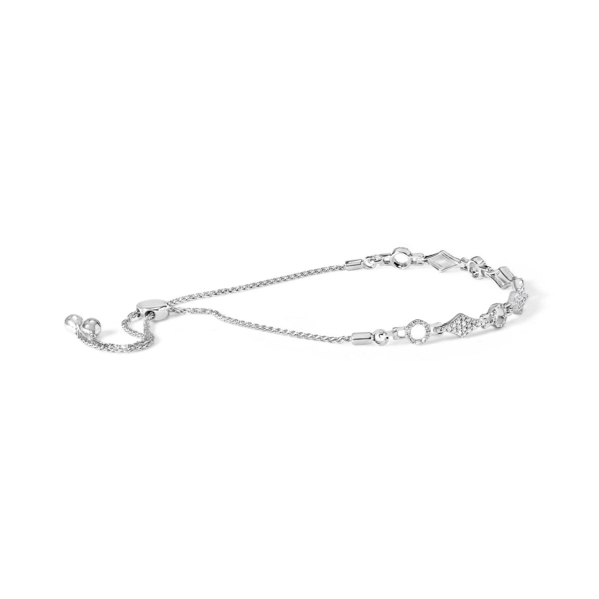 .925 Sterling Silver 1/2 Cttw Diamond Alternating Circle and Kite Link Adjustable Bolo Bracelet (I-J Color, I3 Clarity) - 4&quot; to 10&quot; Inches