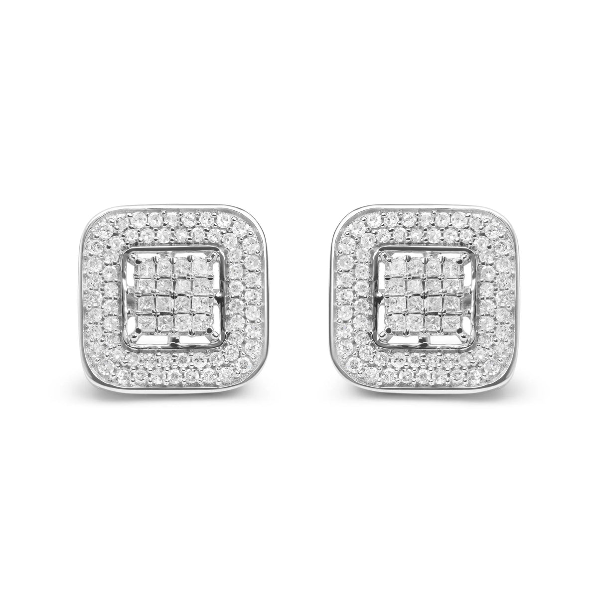 10K White Gold 1.0 Cttw Round and Princess Cut Diamond Composite Open Halo Stud Earrings (H-I Color, SI1-SI2 Clarity)