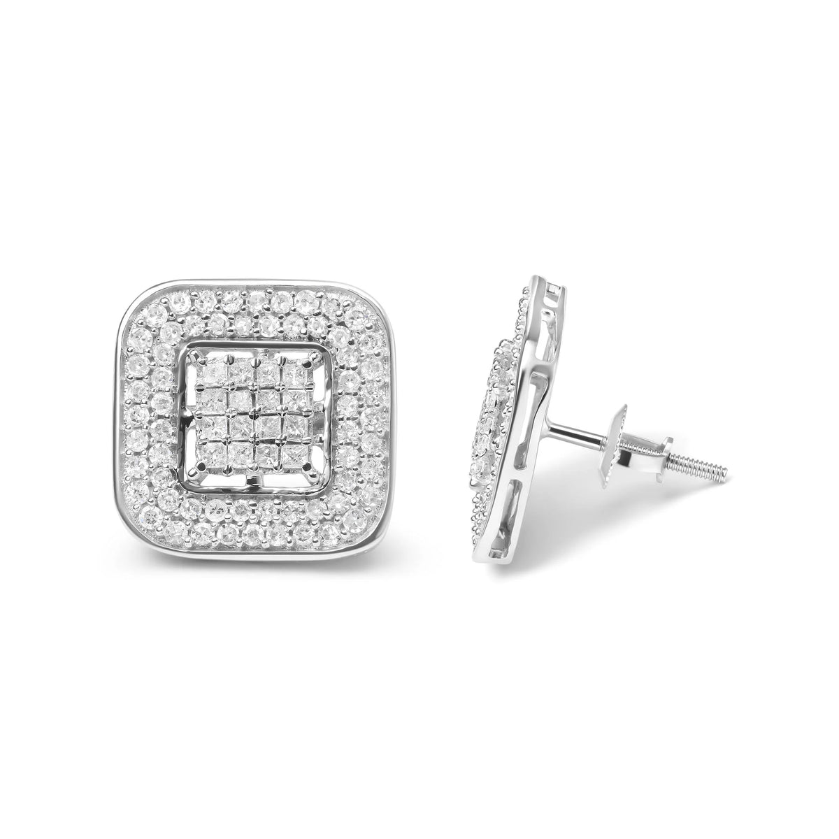 10K White Gold 1.0 Cttw Round and Princess Cut Diamond Composite Open Halo Stud Earrings (H-I Color, SI1-SI2 Clarity)