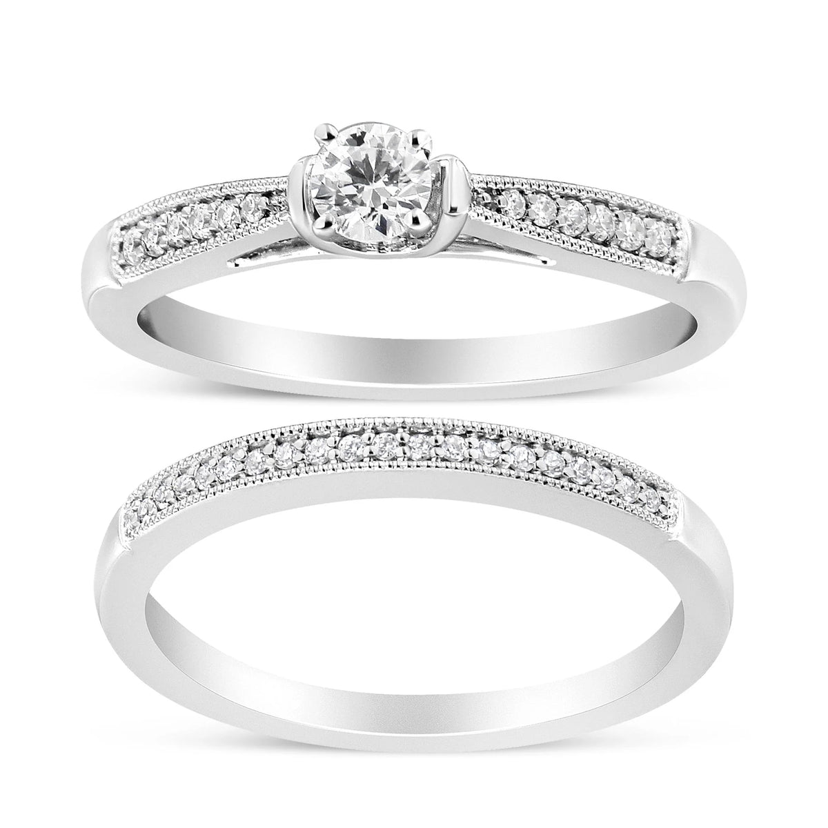 .925 Sterling Silver 1/3 Cttw Diamond Classic Engagement Ring Bridal Set with Milgrain (I-J Color, I3 Clarity)