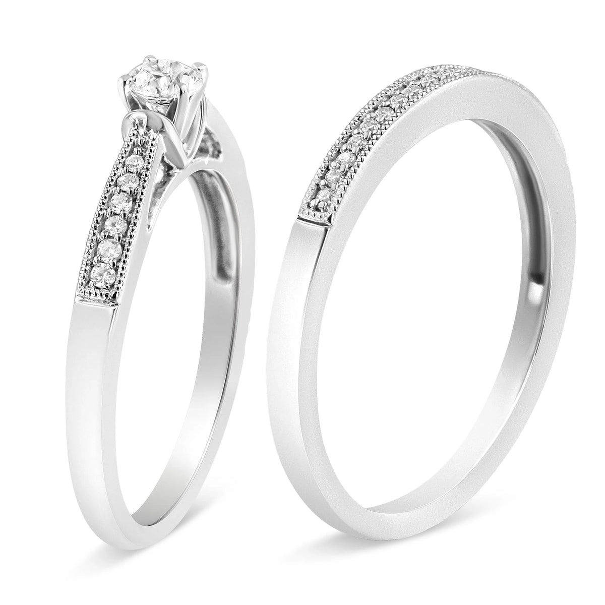 .925 Sterling Silver 1/3 Cttw Diamond Classic Engagement Ring Bridal Set with Milgrain (I-J Color, I3 Clarity)