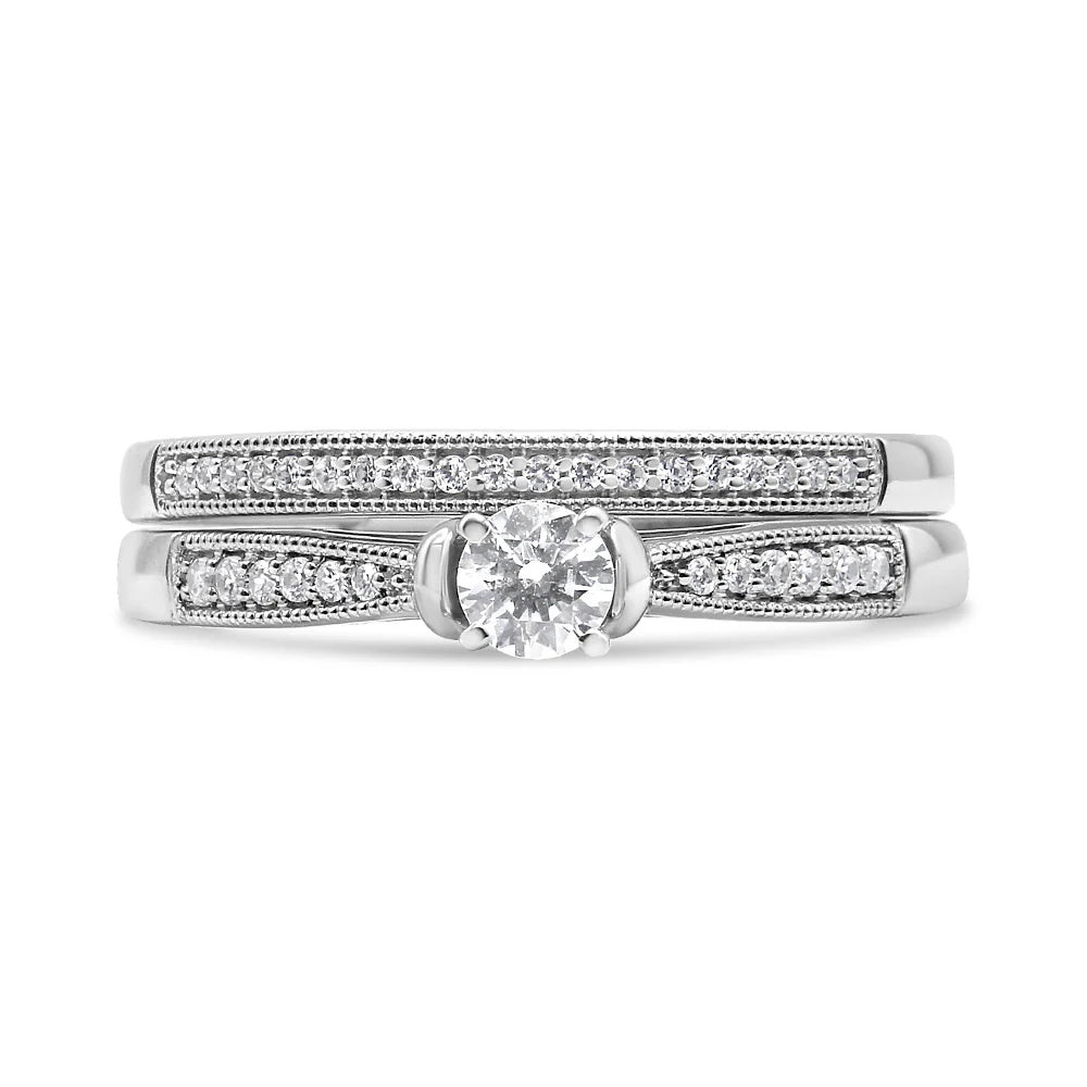 .925 Sterling Silver 1/3 Cttw Diamond Classic Engagement Ring Bridal Set with Milgrain (I-J Color, I3 Clarity)