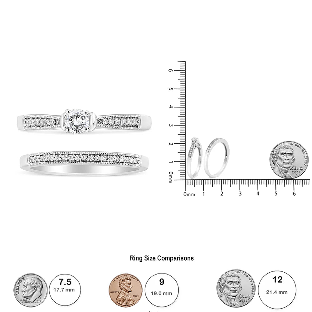 .925 Sterling Silver 1/3 Cttw Diamond Classic Engagement Ring Bridal Set with Milgrain (I-J Color, I3 Clarity)