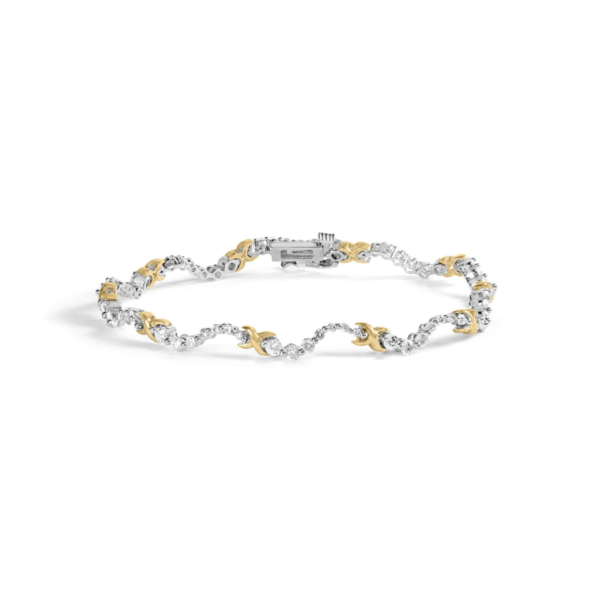 10K Two-Tone 2.00 Cttw Diamond &quot;X&quot; and Wave Link Bracelet (H-I Color, I1-I2 Clarity) - 7&quot; Inches