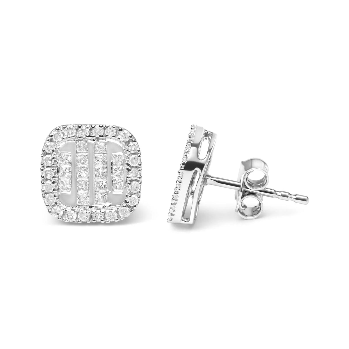 10K White Gold Invisible Set 1/2 Cttw Diamond Composite and Halo Stud Earrings (H-I Color, I1-I2 Clarity)