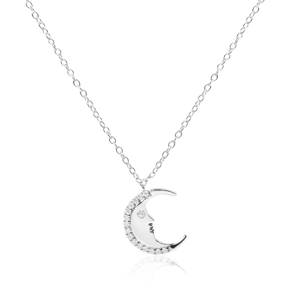 925 Sterling Silver 1/10ct Diamond Crescent Man on the Moon 18&quot; Pendant Necklace  (H-I Color, SI1-SI2 Clarity)