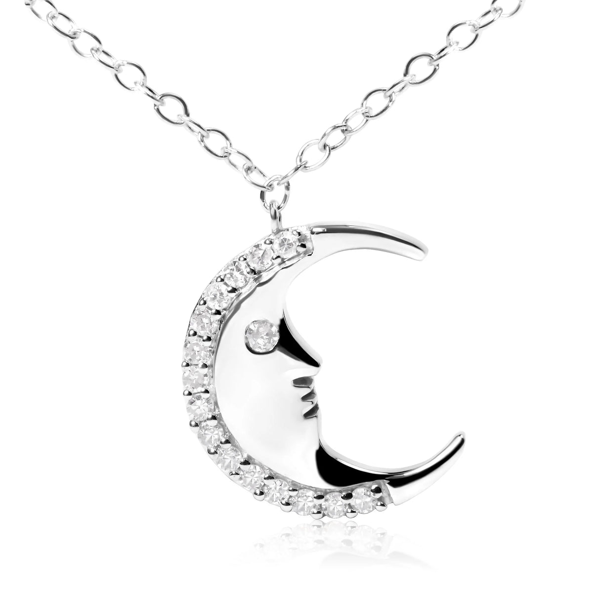 925 Sterling Silver 1/10ct Diamond Crescent Man on the Moon 18&quot; Pendant Necklace  (H-I Color, SI1-SI2 Clarity)