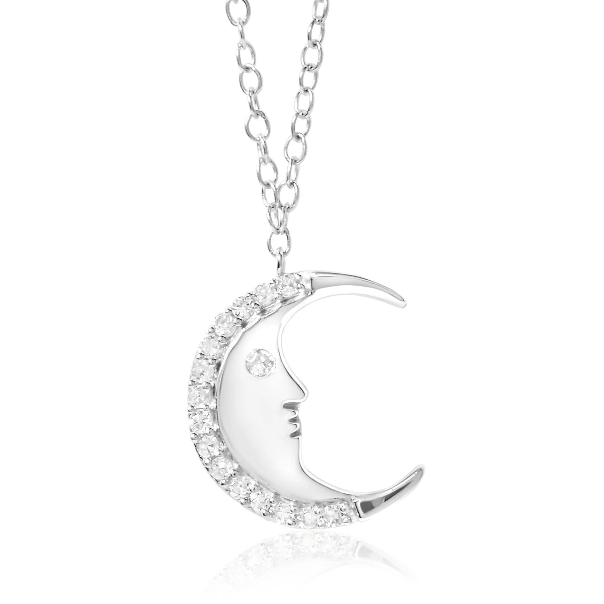 925 Sterling Silver 1/10ct Diamond Crescent Man on the Moon 18&quot; Pendant Necklace  (H-I Color, SI1-SI2 Clarity)