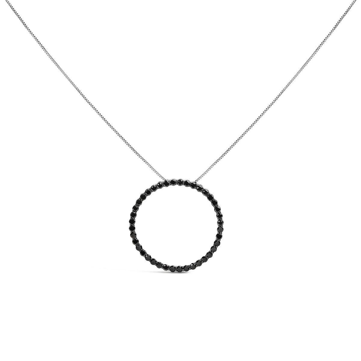 .925 Sterling Silver Black Diamond Open Hoop Circle 18&quot; Pendant Necklace (Black Color, I2-I3 Clarity)