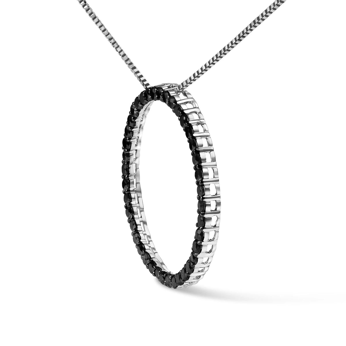 .925 Sterling Silver Black Diamond Open Hoop Circle 18&quot; Pendant Necklace (Black Color, I2-I3 Clarity)