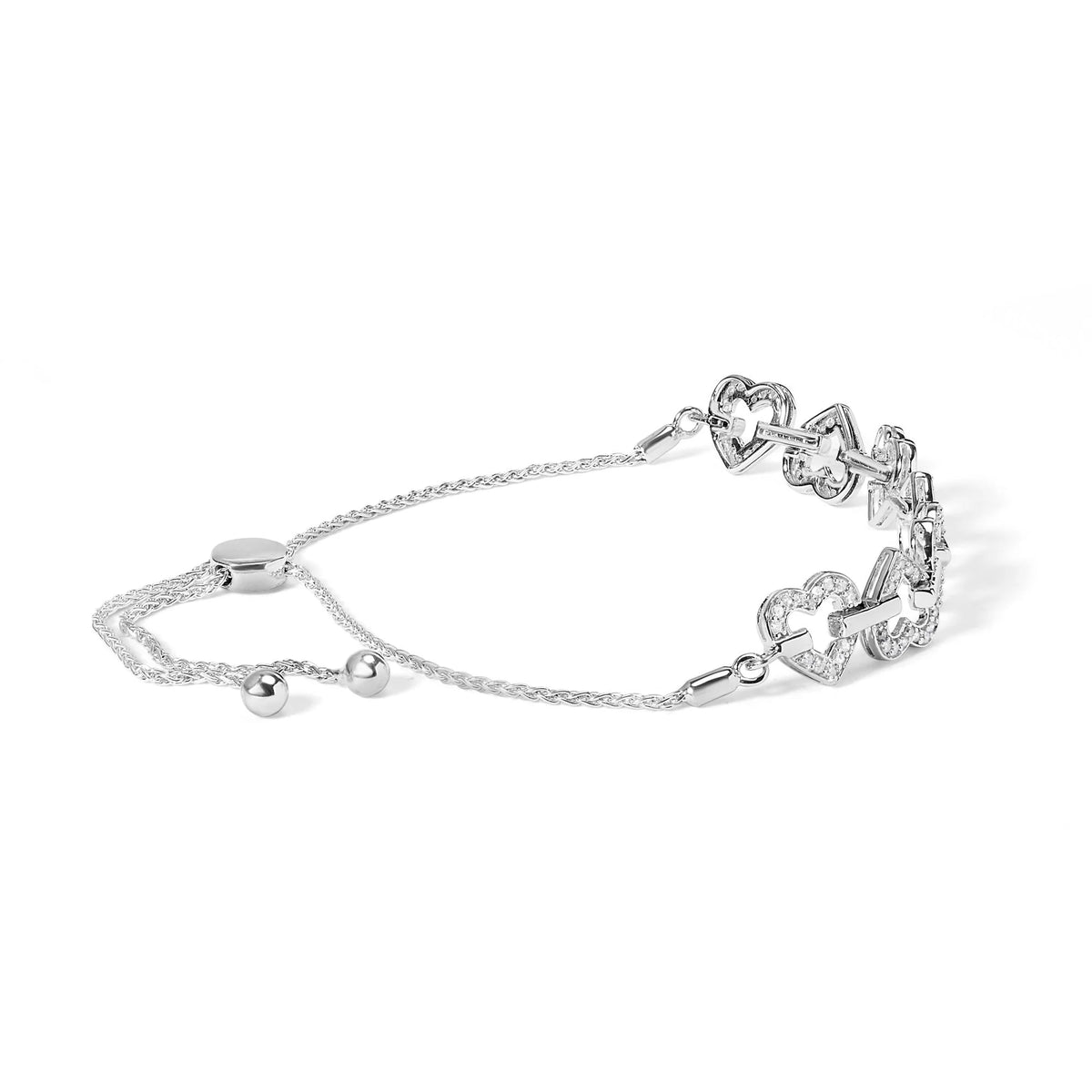 .925 Sterling Silver 1/2 Cttw Diamond Alternating Heart Link Adjustable Bolo Bracelet (I-J Color, I3 Clarity) - 4&quot; to 10&quot; Inches