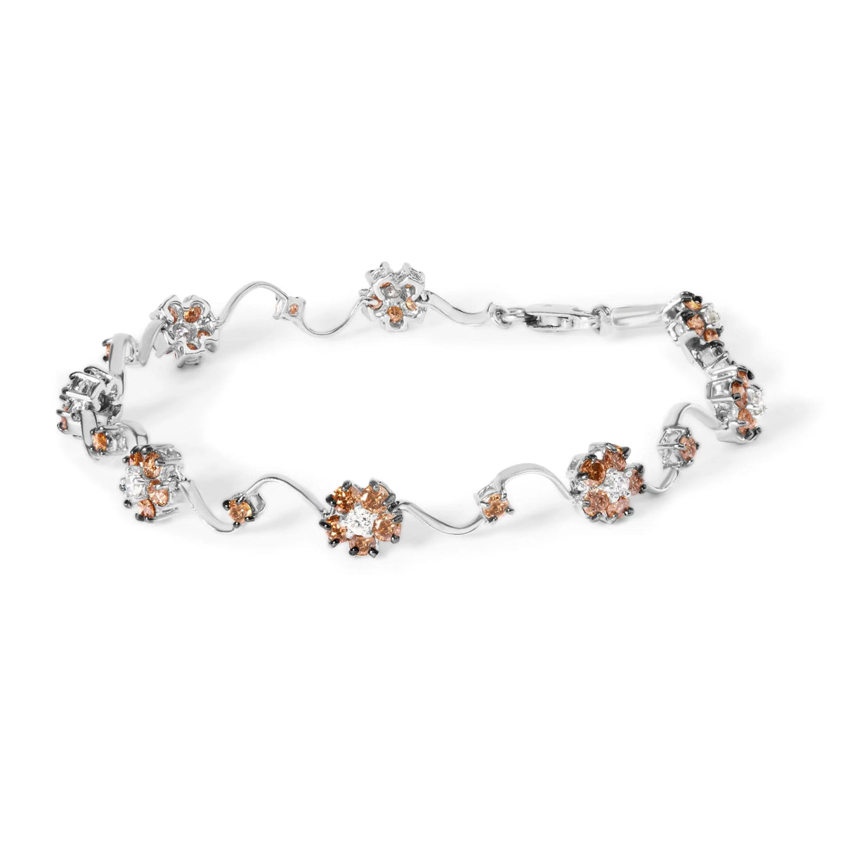 10K White Gold 4.0 Cttw Champagne and White Diamond Floral Cluster and Station Link Bracelet (H-I Color, SI2-I1 Clarity) - 7&quot; Inches