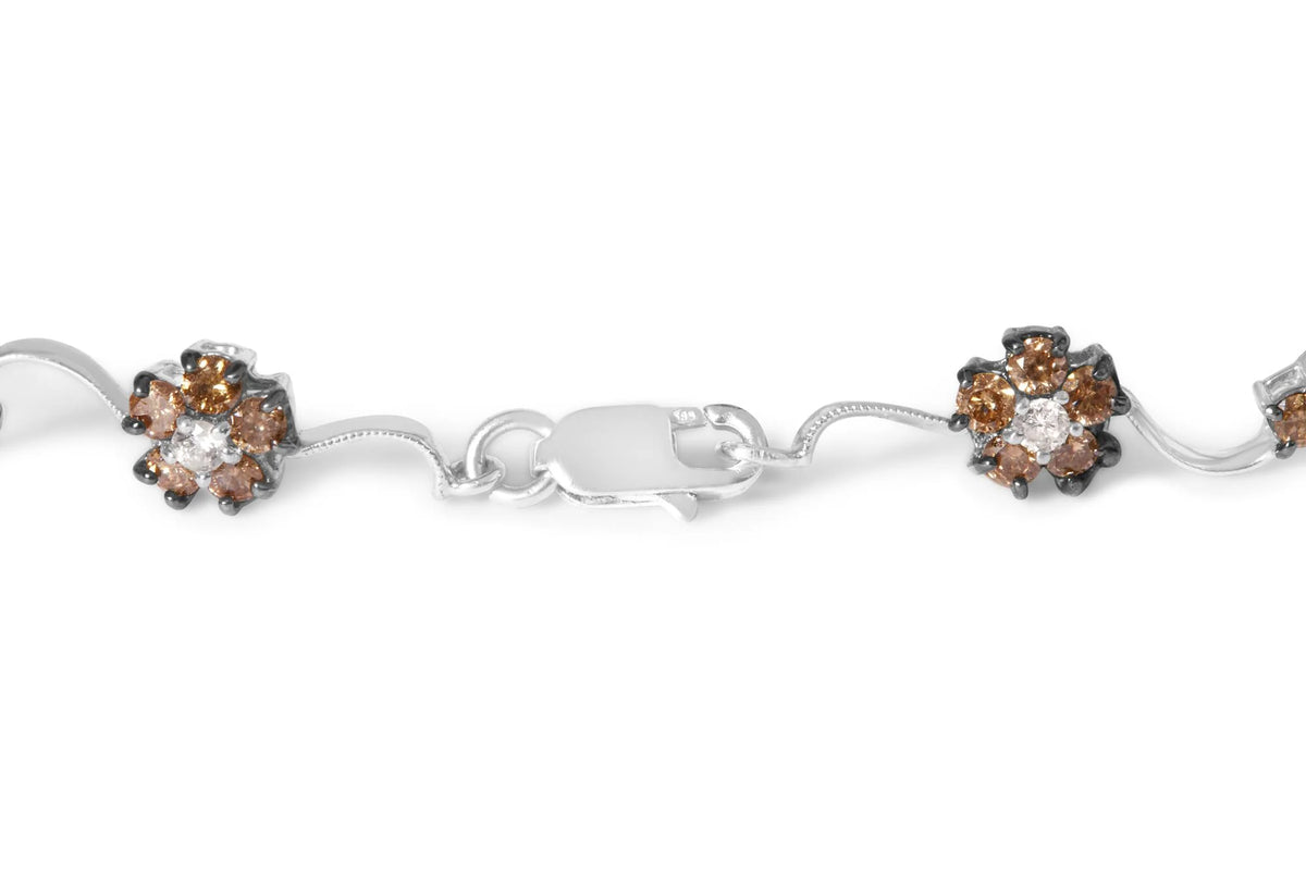 10K White Gold 4.0 Cttw Champagne and White Diamond Floral Cluster and Station Link Bracelet (H-I Color, SI2-I1 Clarity) - 7&quot; Inches