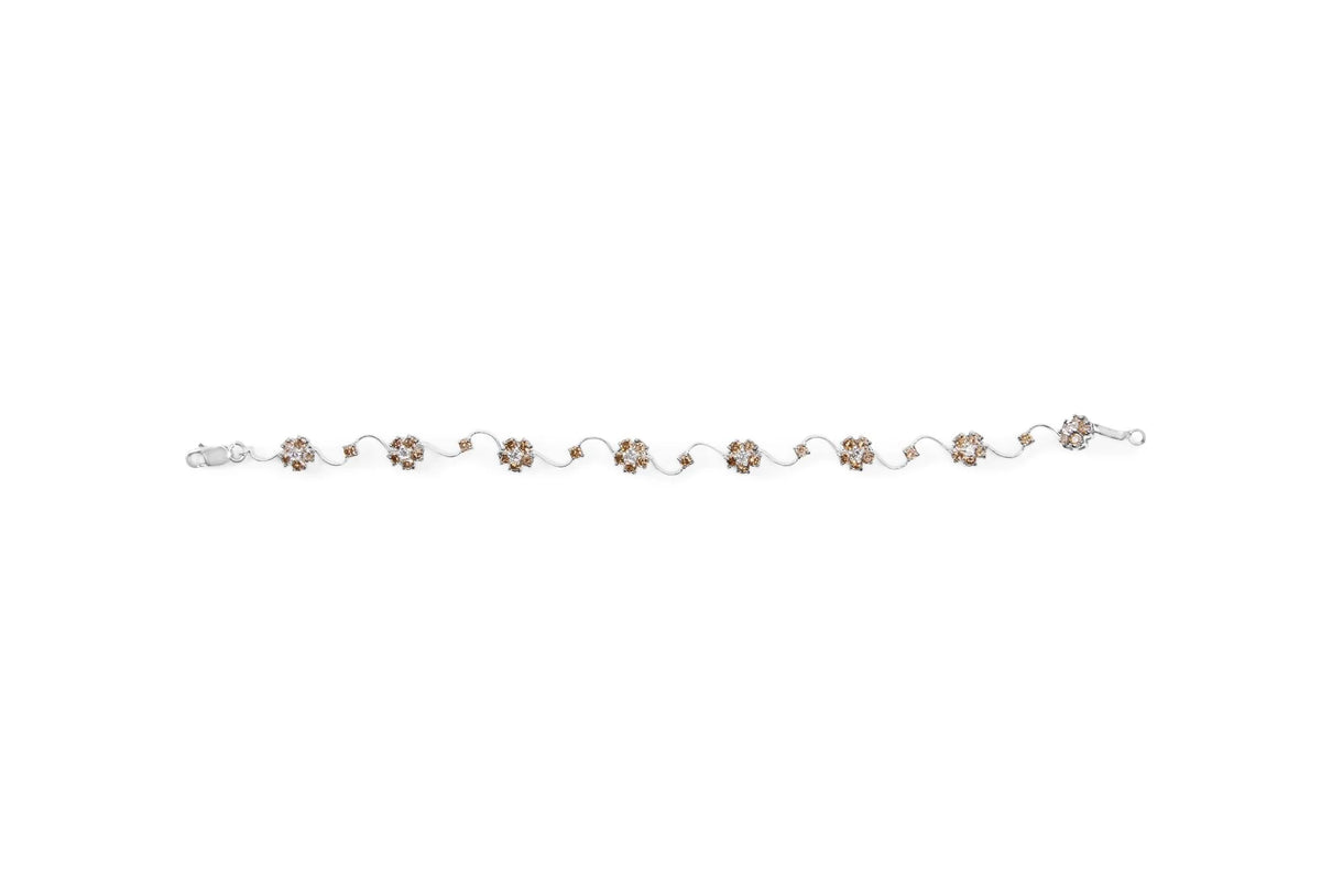 10K White Gold 4.0 Cttw Champagne and White Diamond Floral Cluster and Station Link Bracelet (H-I Color, SI2-I1 Clarity) - 7&quot; Inches