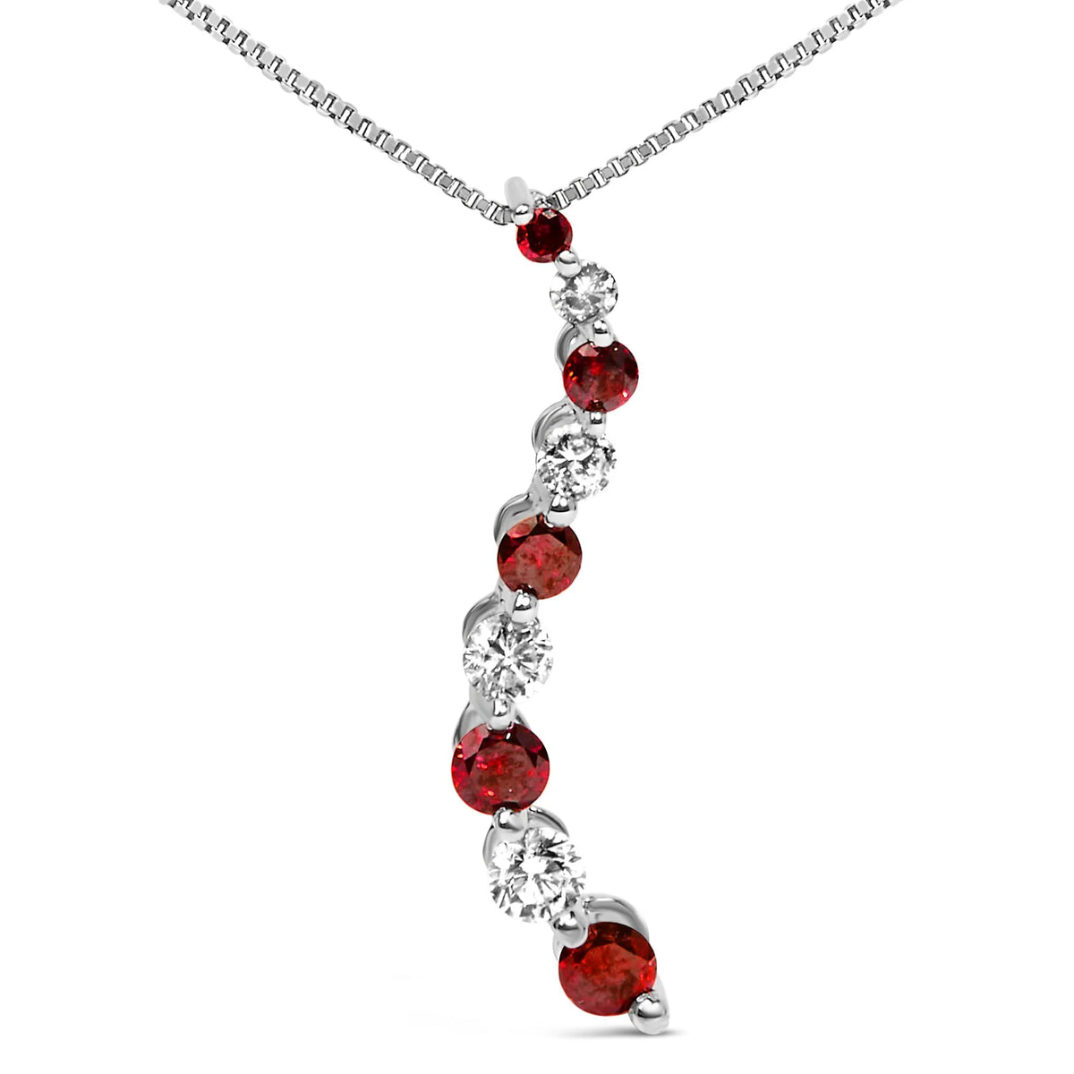 14K White Gold 1.0 Cttw Alternating Treated Red and White Diamond Journey 18&quot; Pendant Necklace (H-I Color, I1-I2 Clarity)