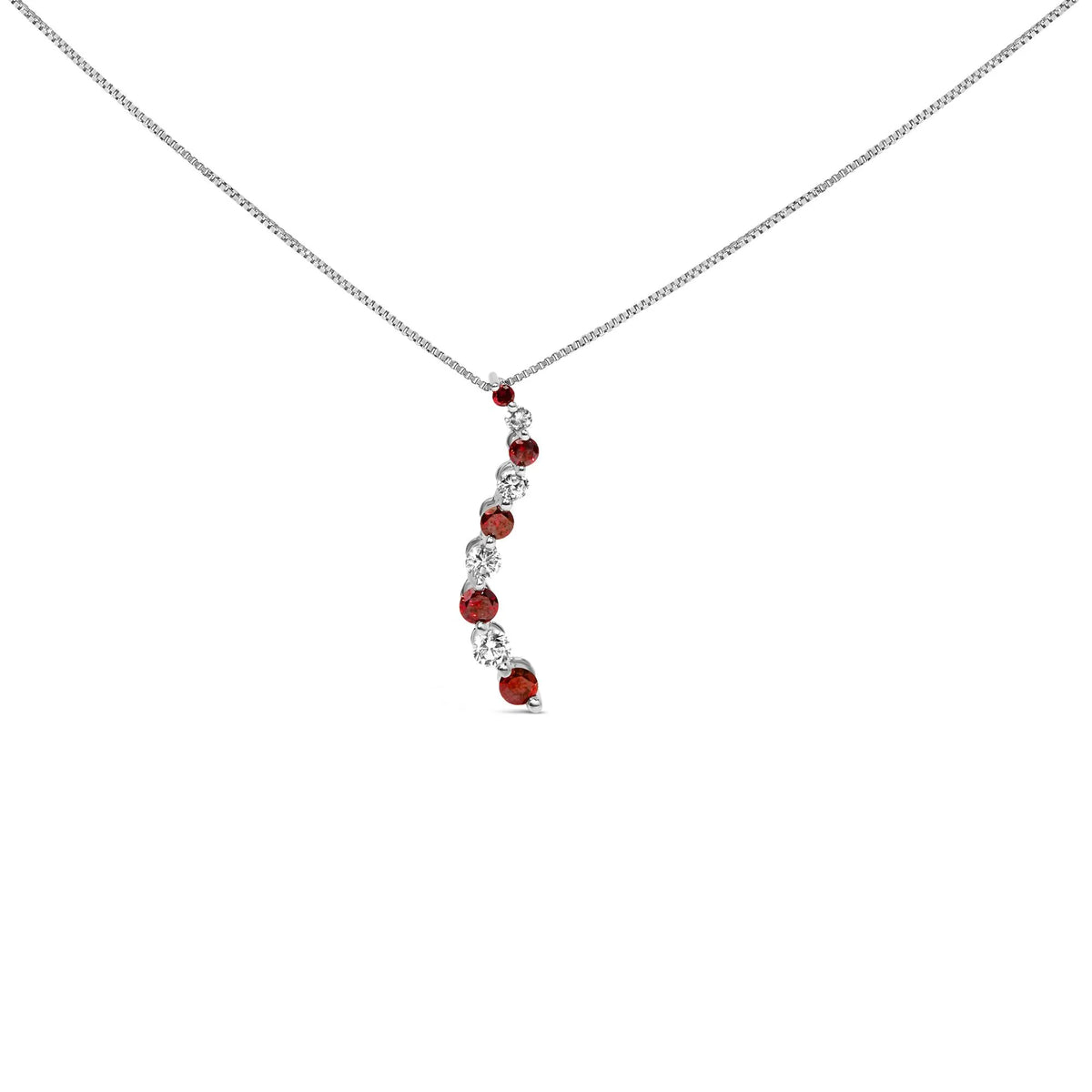 14K White Gold 1.0 Cttw Alternating Treated Red and White Diamond Journey 18&quot; Pendant Necklace (H-I Color, I1-I2 Clarity)