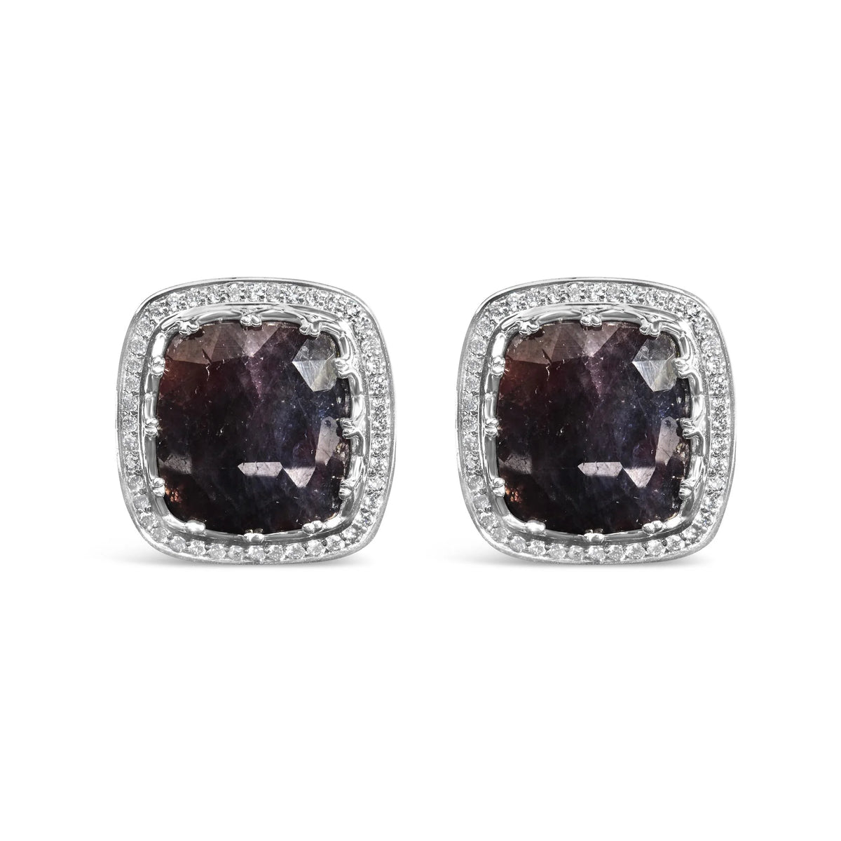 14K White Gold 15x15 Dark Purple Sapphire and 4/5 Cttw Diamond Halo Cufflinks (F-G Color, VS1-VS2 Clarity)