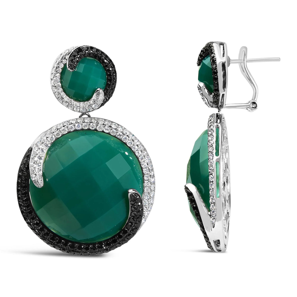 14K White Gold 2.0 Cttw White and Black Diamond and Green Agate Double Medallion Disc Drop and Dangle Earrings (H-I Color, I2-I3 Clarity)