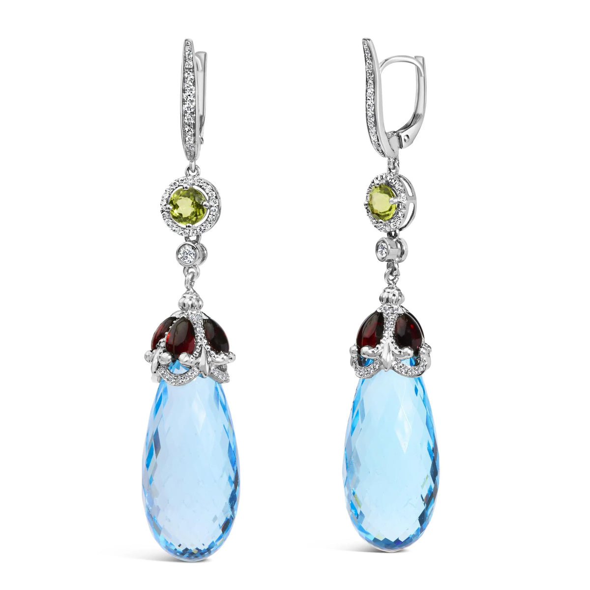 18K White Gold 1/2 Cttw Diamond and 22mm Blue Topaz and Garnet Drop and Dangle Earrings (F-G Color, VS1-VS2 Clarity)