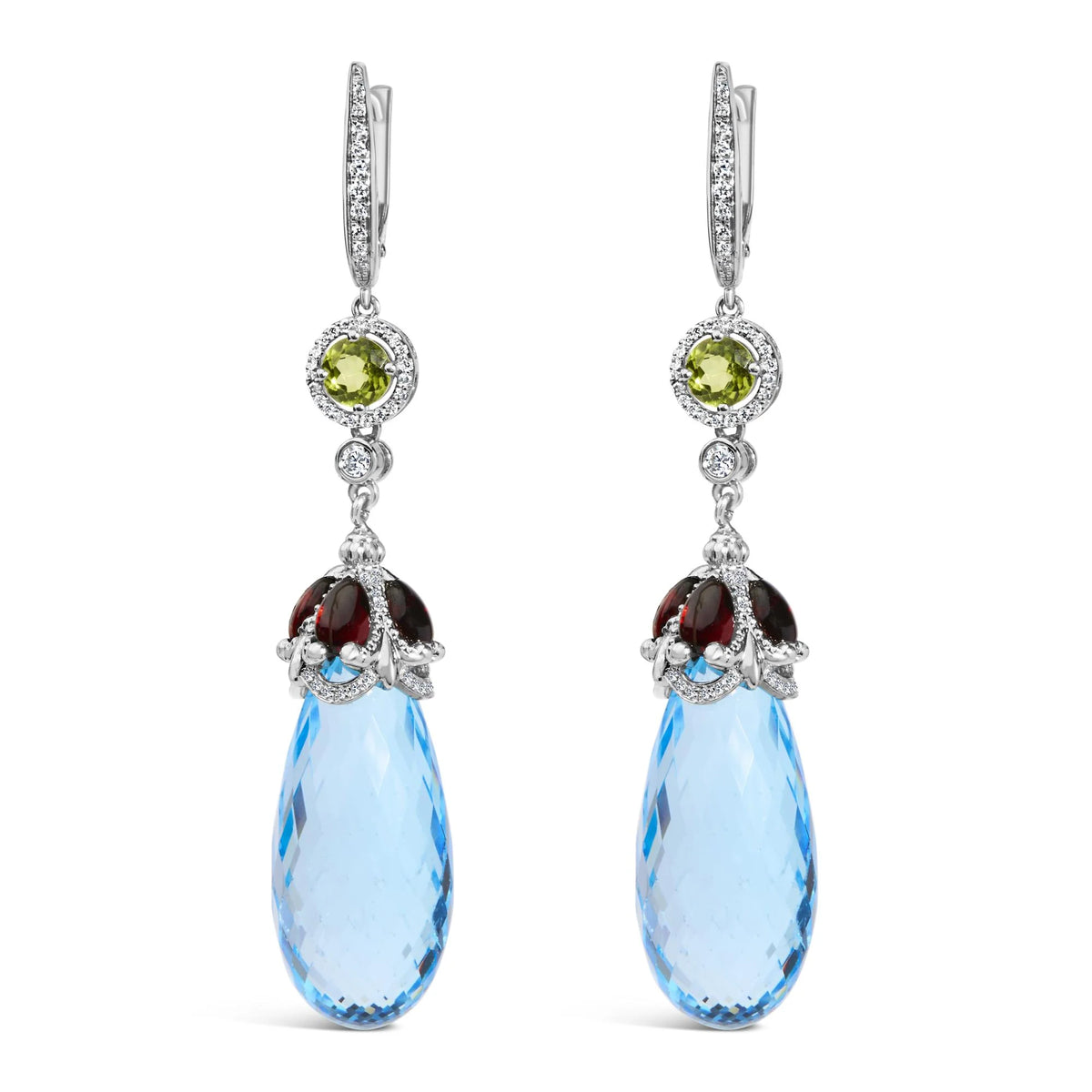 18K White Gold 1/2 Cttw Diamond and 22mm Blue Topaz and Garnet Drop and Dangle Earrings (F-G Color, VS1-VS2 Clarity)