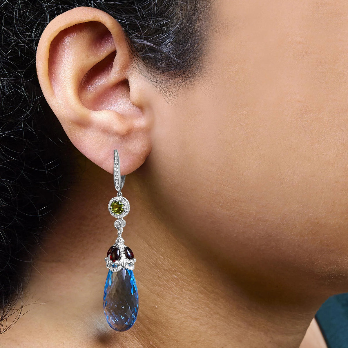 18K White Gold 1/2 Cttw Diamond and 22mm Blue Topaz and Garnet Drop and Dangle Earrings (F-G Color, VS1-VS2 Clarity)