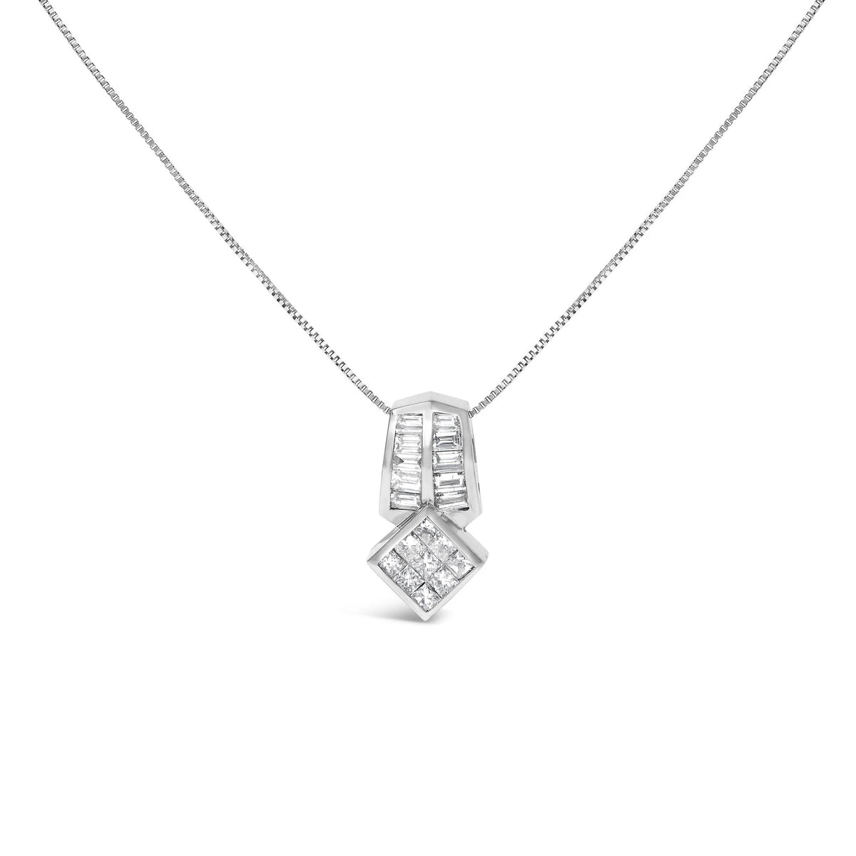 14K White Gold 1 1/2 Cttw Princess and Baguette Cut Diamond Multi-shape 18&quot; Pendant Necklace (G-H Color, VS1-VS2 Clarity)