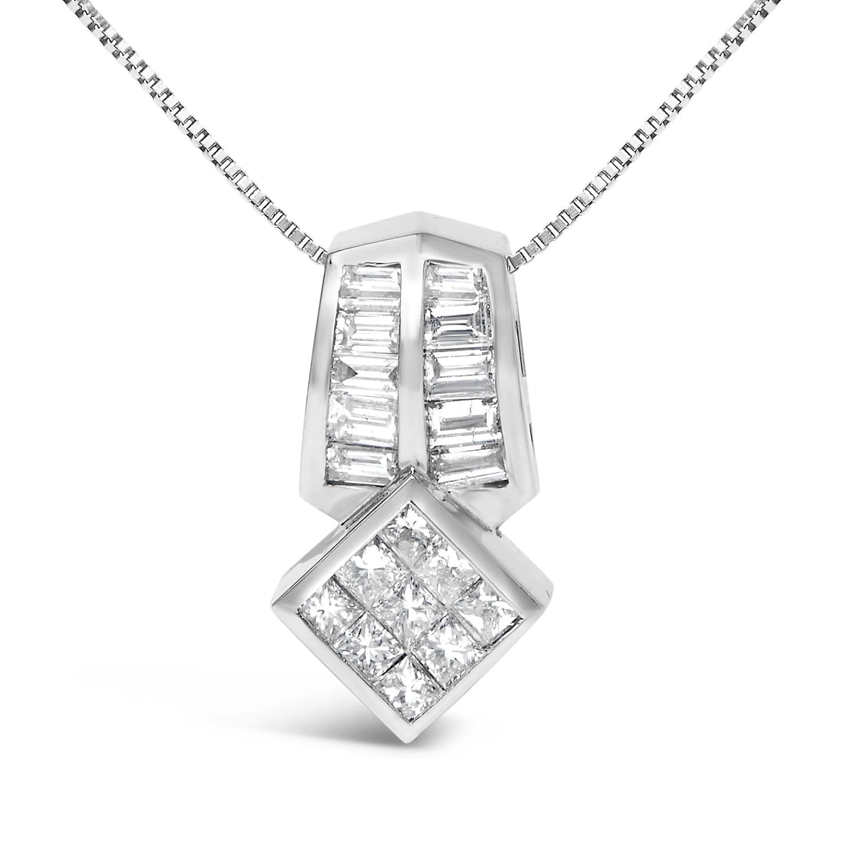 14K White Gold 1 1/2 Cttw Princess and Baguette Cut Diamond Multi-shape 18&quot; Pendant Necklace (G-H Color, VS1-VS2 Clarity)