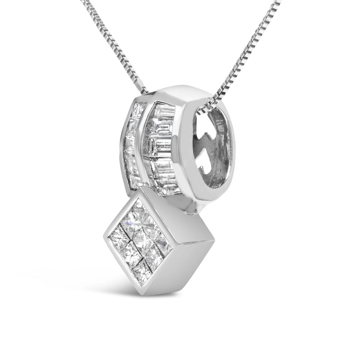 14K White Gold 1 1/2 Cttw Princess and Baguette Cut Diamond Multi-shape 18&quot; Pendant Necklace (G-H Color, VS1-VS2 Clarity)