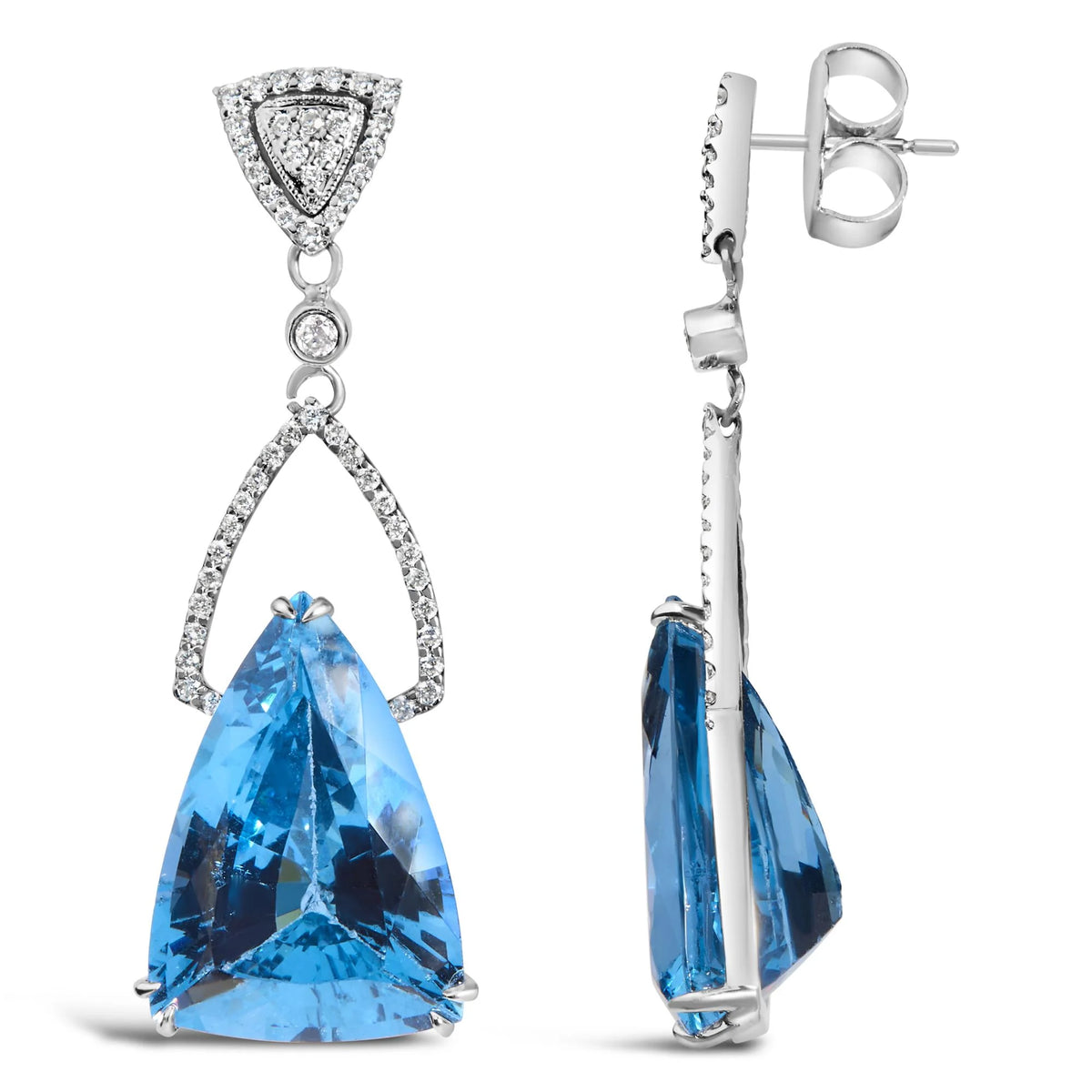 14K White Gold Earrings 4/5 Cttw Diamond and 18x11 MM Trillion Cut Blue Topaz Drop and Dangle Earrings (F-G Color, VS2-SI1 Clarity)