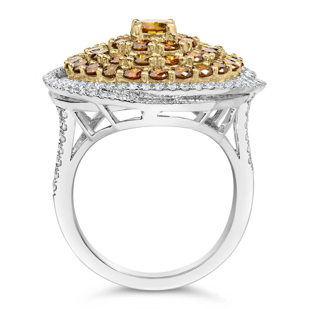 14K White Gold 3.00 Cttw Orange Brown Diamond Halo Swirl Cocktail Ring (F-G Color, VS1-VS2 Clarity) - Ring Size 7