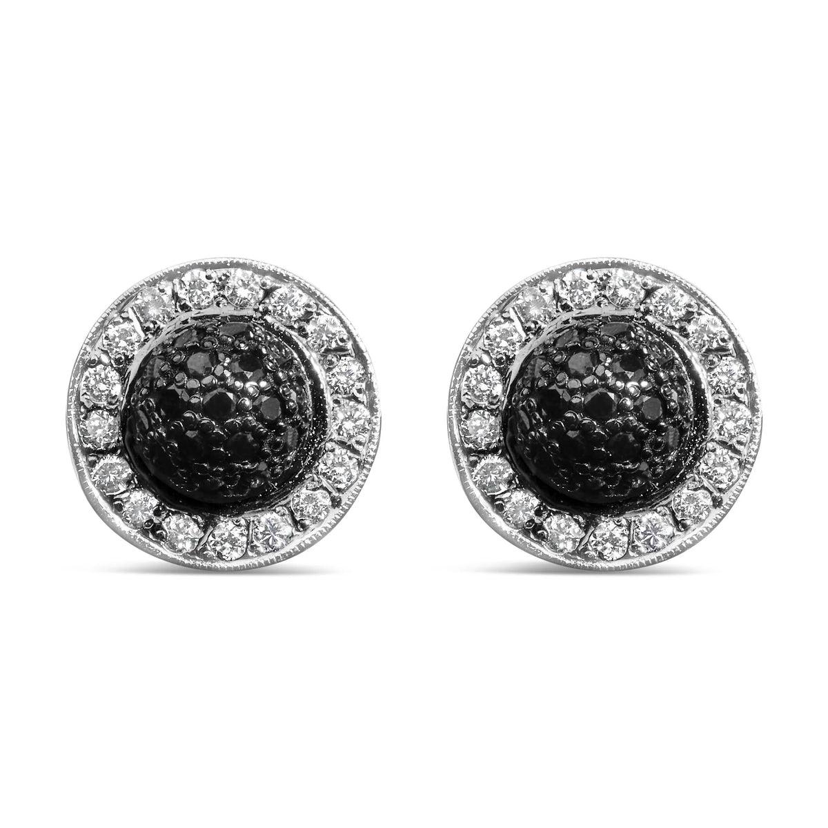 18K White Gold 3/4 Cttw Black and White Diamond Pave Set Dome and Halo Stud Earrings (F-G Color, VS1-VS2 Clarity)