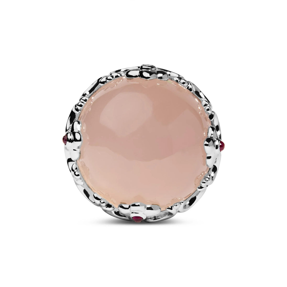 14K White Gold Pink Quartz Crystal Ball and  Diamond and Ruby Crown Shaped Cocktail Ring (F-G Color, SI1-SI2 Clarity) - Ring Size 7