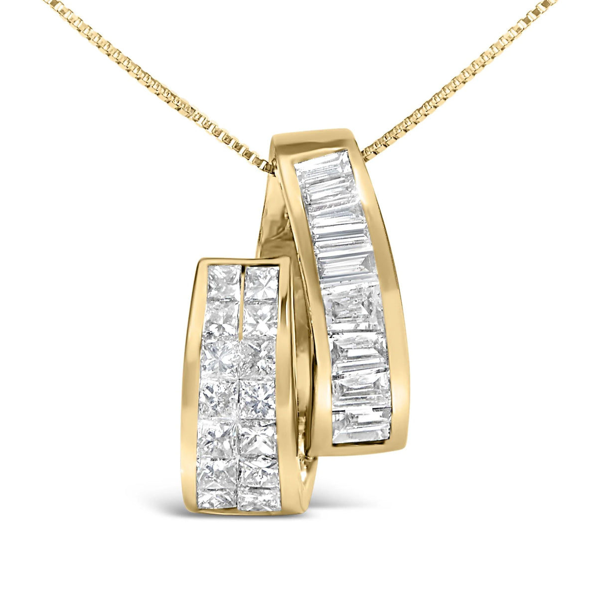 14K Yellow Gold 1 5/8 Cttw Princess and Baguette Diamond Duo Bar Pendant Necklace (G-H Color, VS2-SI1 Clarity) - 18&quot;