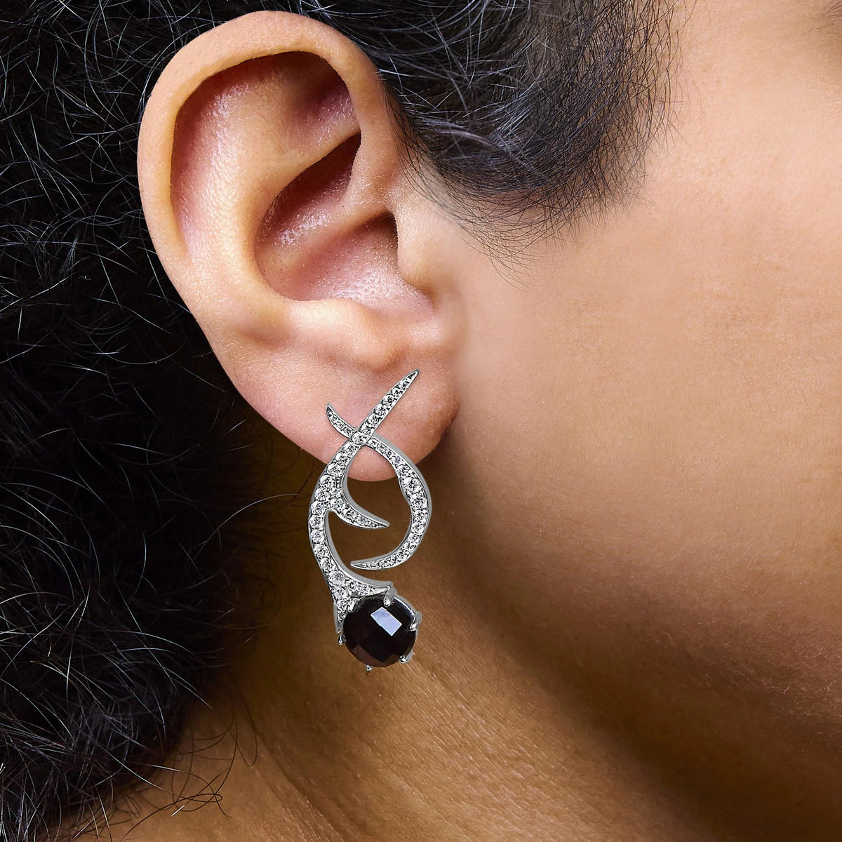 18K White Gold Earrings 1 3/5 Cttw Diamonds and Cabochon Cut Black Shell Swirl Drop Earrings (F-G Color, VS1-VS2 Clarity)