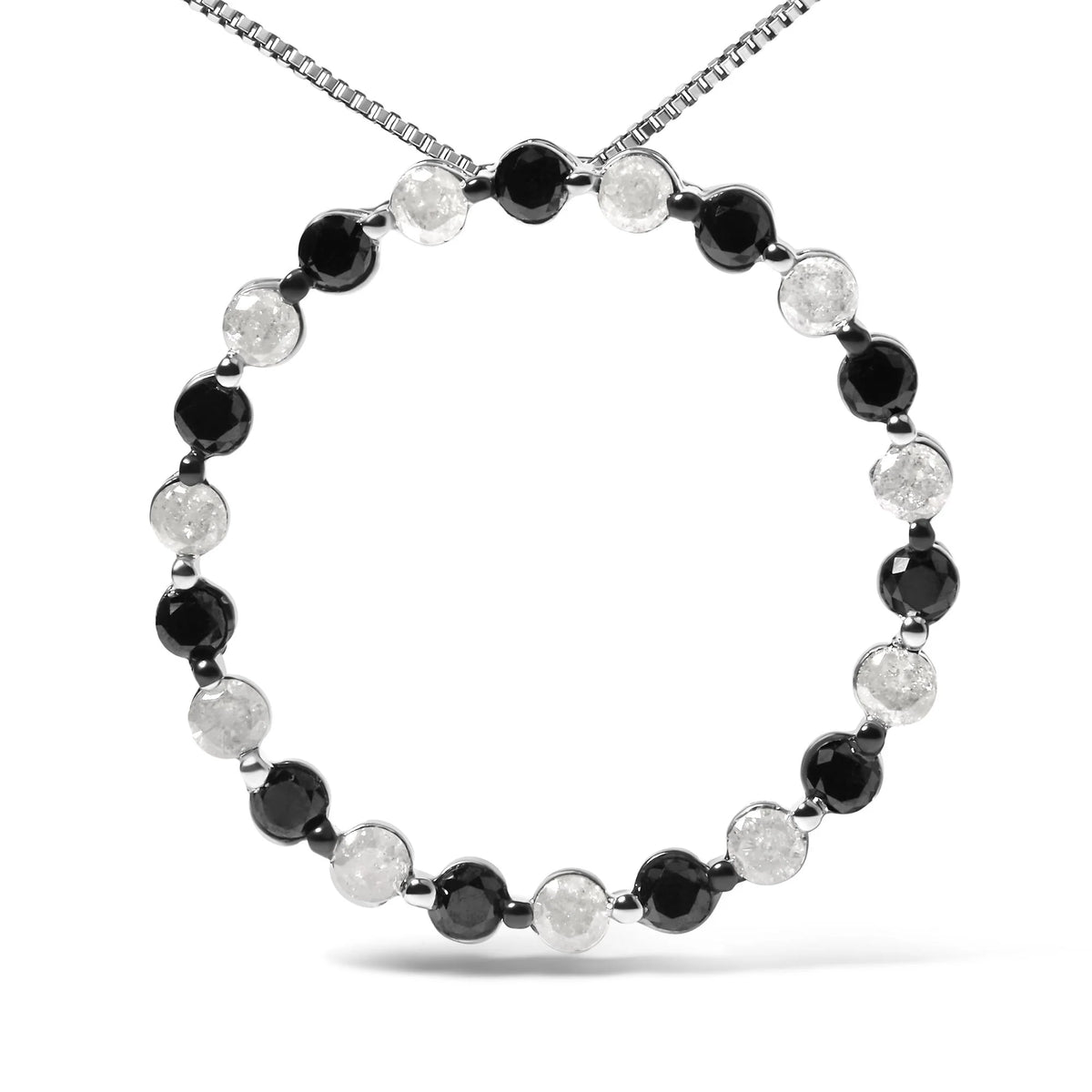 .925 Sterling Silver 1 3/4 Cttw Round-Cut Natural Treated Black and White Diamond Pendant Necklace - 18&quot; (Black/H-I Color, I2-I3 Clarity)