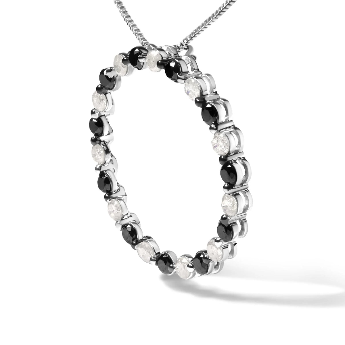 .925 Sterling Silver 1 3/4 Cttw Round-Cut Natural Treated Black and White Diamond Pendant Necklace - 18&quot; (Black/H-I Color, I2-I3 Clarity)