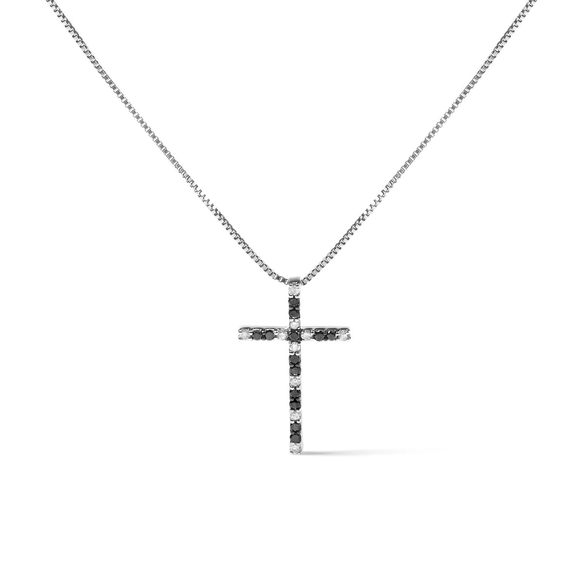 .925 Sterling Silver 1/4 Cttw Black and White Diamond Cross 18&quot; Pendant Necklace (H-I Color, I2-I3 Clarity)