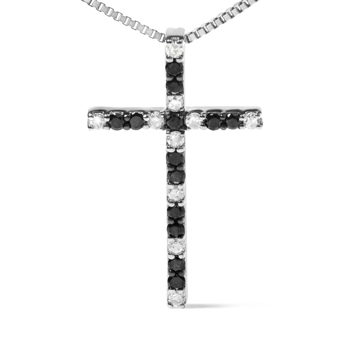 .925 Sterling Silver 1/4 Cttw Black and White Diamond Cross 18&quot; Pendant Necklace (H-I Color, I2-I3 Clarity)