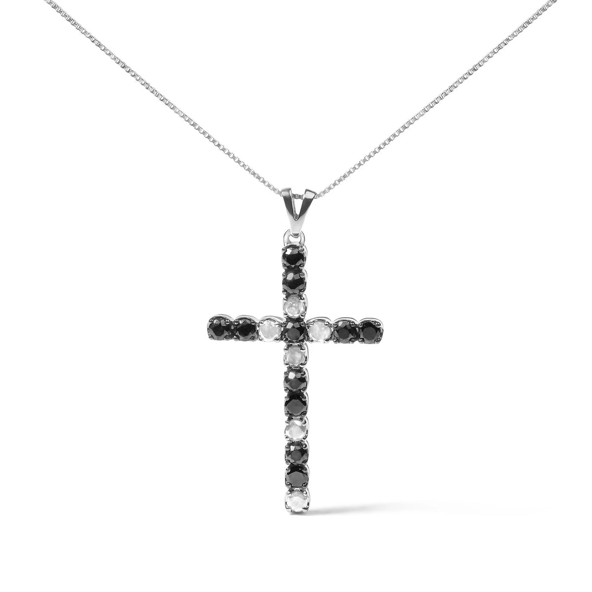 .925 Sterling Silver 2.0 Cttw Prong Set Round Natural Treated Black and White Diamond Cross Pendant Necklace - 18&quot; (Black/H-I Color, I3 Clarity)