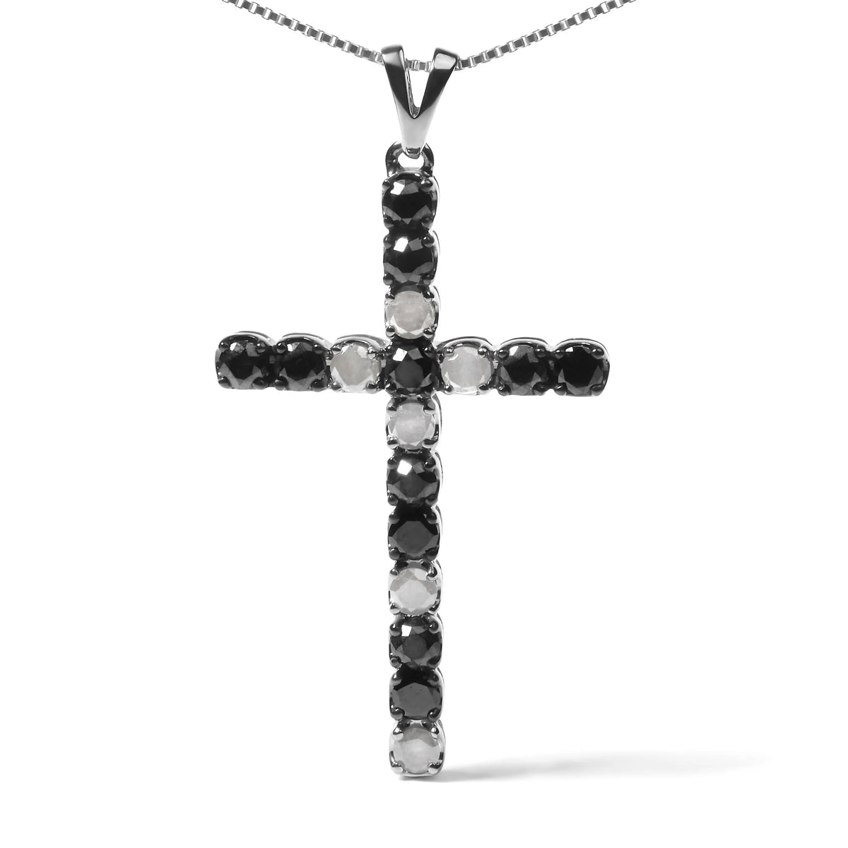 .925 Sterling Silver 2.0 Cttw Prong Set Round Natural Treated Black and White Diamond Cross Pendant Necklace - 18&quot; (Black/H-I Color, I3 Clarity)