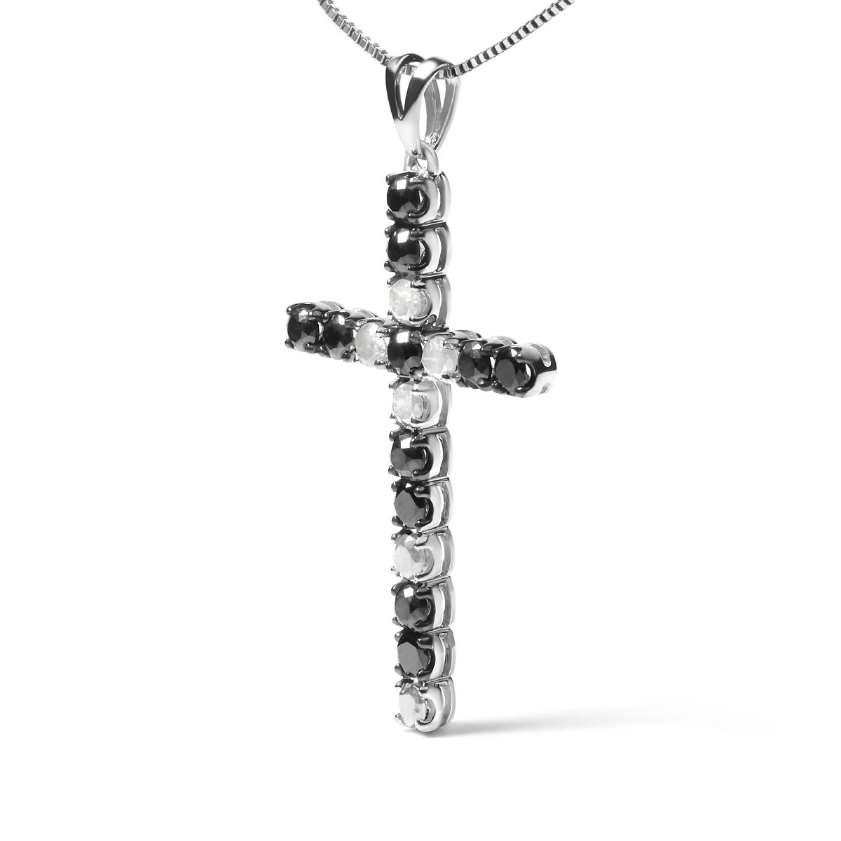 .925 Sterling Silver 2.0 Cttw Prong Set Round Natural Treated Black and White Diamond Cross Pendant Necklace - 18&quot; (Black/H-I Color, I3 Clarity)