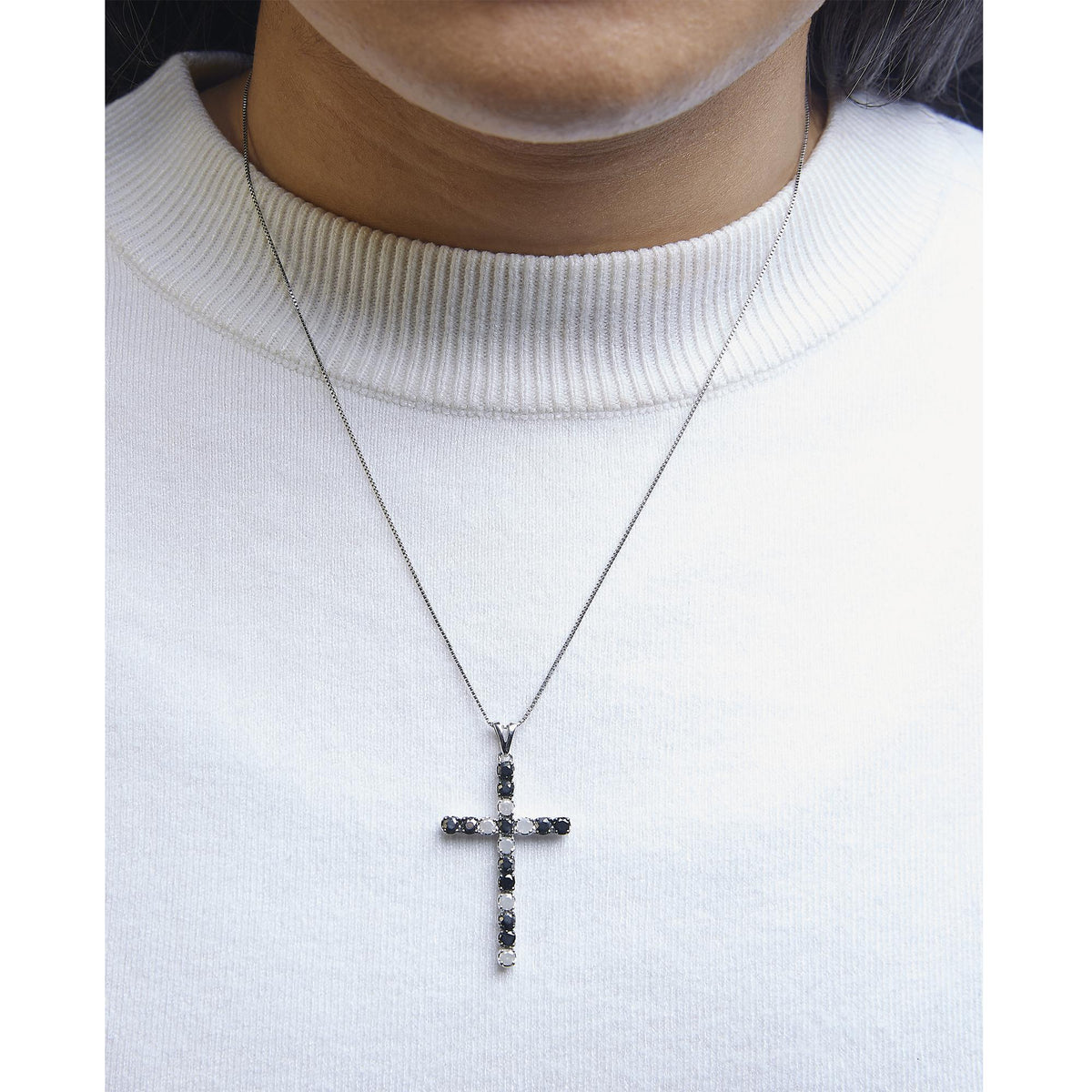 .925 Sterling Silver 2.0 Cttw Prong Set Round Natural Treated Black and White Diamond Cross Pendant Necklace - 18&quot; (Black/H-I Color, I3 Clarity)