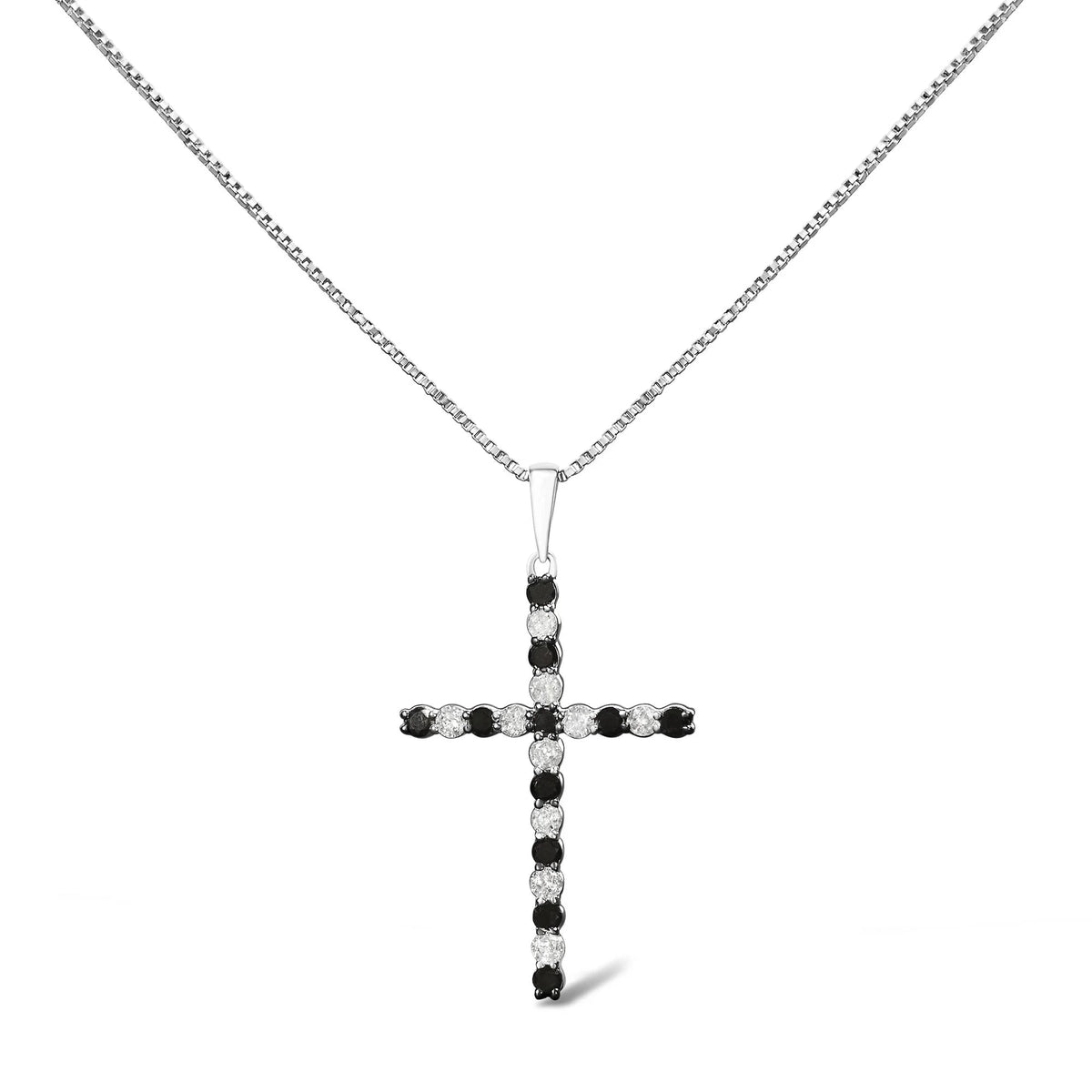 .925 Sterling Silver 1/2 Cttw Alternating Black and White Diamond Cross Pendant Necklace (H-I Color, I2-I3 Clarity) - 18&quot; Inches