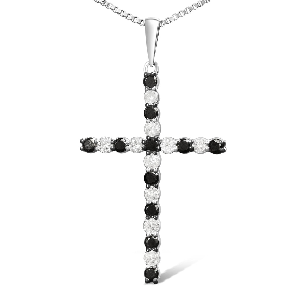 .925 Sterling Silver 1/2 Cttw Alternating Black and White Diamond Cross Pendant Necklace (H-I Color, I2-I3 Clarity) - 18&quot; Inches