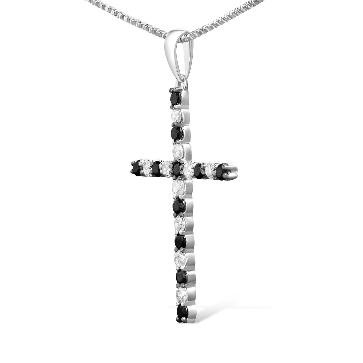 .925 Sterling Silver 1/2 Cttw Alternating Black and White Diamond Cross Pendant Necklace (H-I Color, I2-I3 Clarity) - 18&quot; Inches