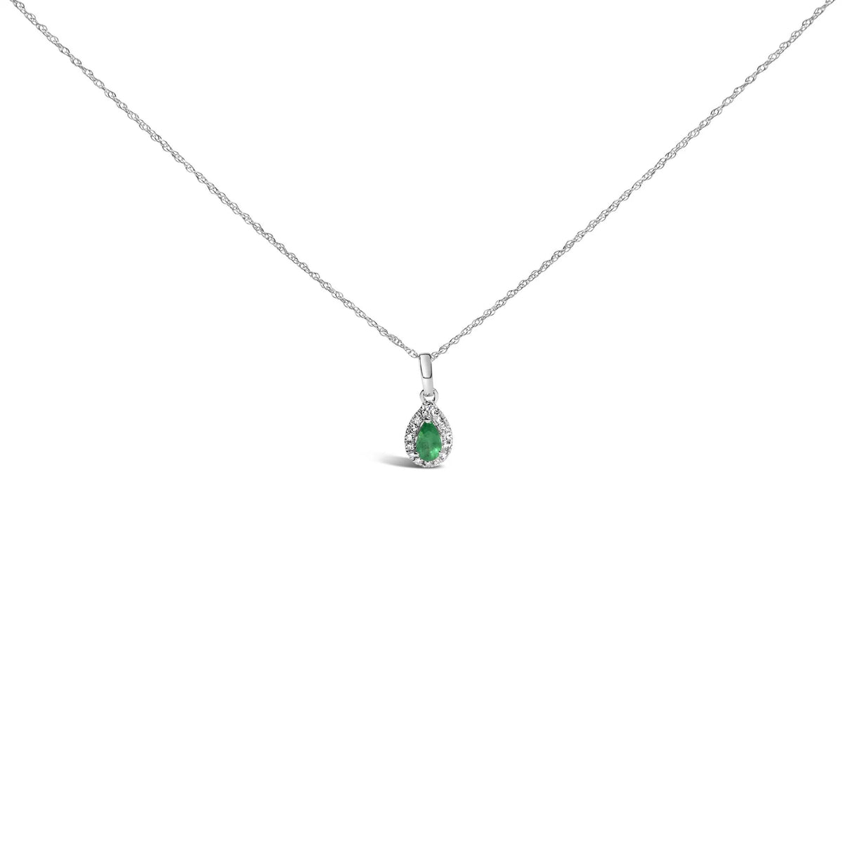 10K White Gold 5x3mm Gemstone and Diamond Accent Halo Pear Shape 18&quot; Pendant Necklace (I-J Color, I1-I2 Clarity)