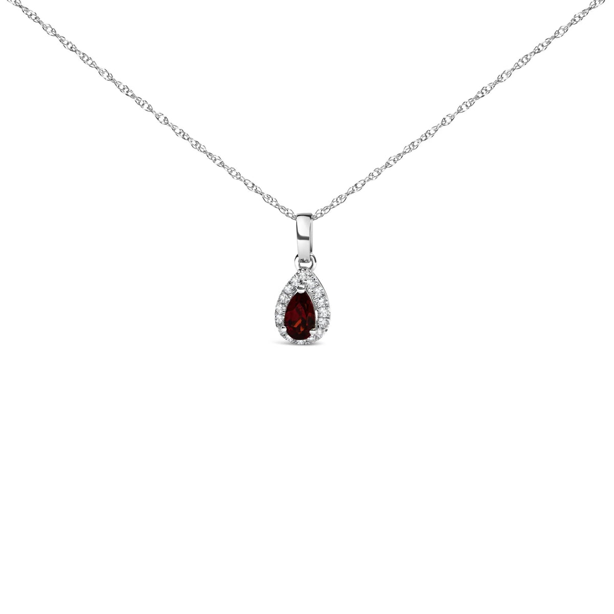 10K White Gold 5x3mm Gemstone and Diamond Accent Halo Pear Shape 18&quot; Pendant Necklace (I-J Color, I1-I2 Clarity)