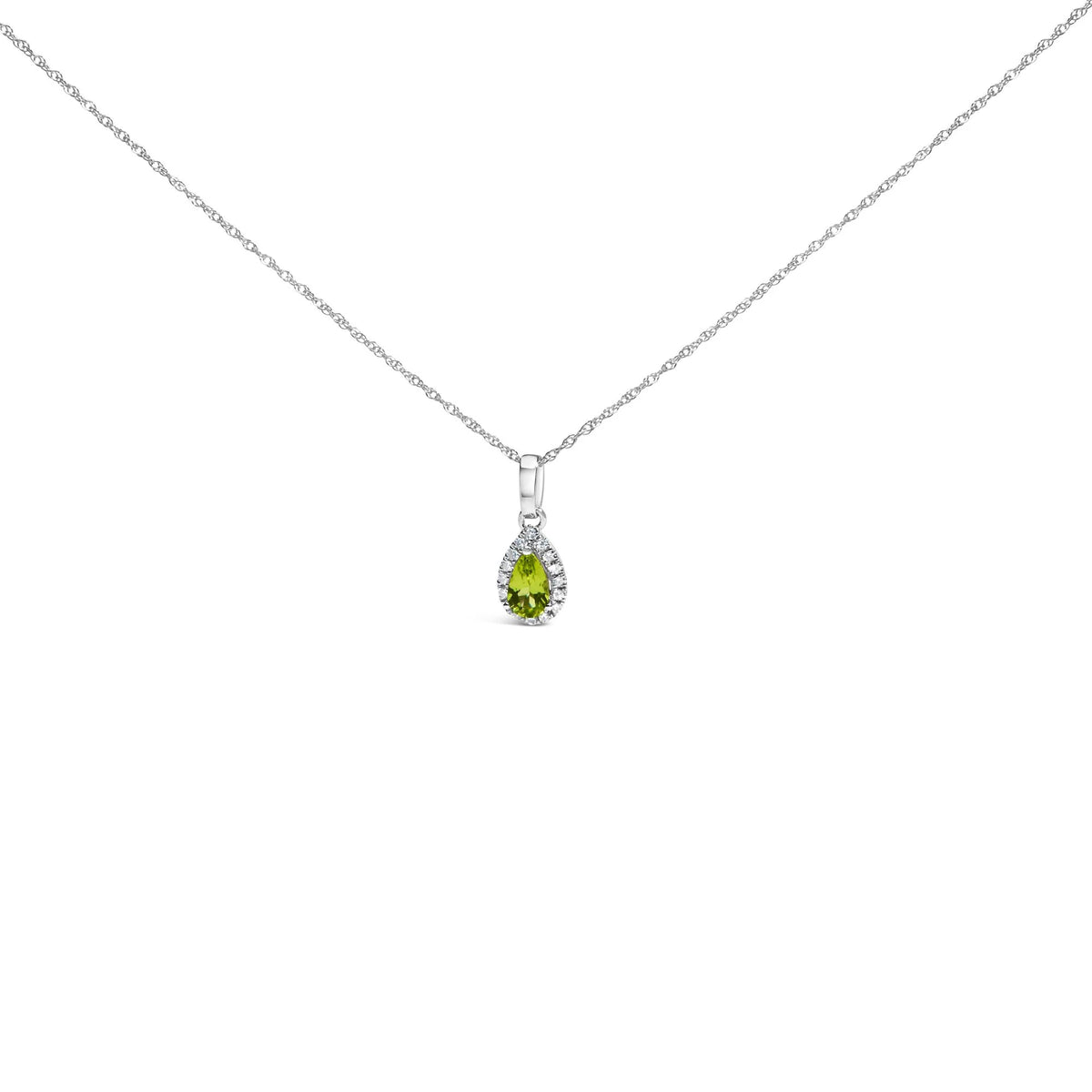 10K White Gold 5x3mm Gemstone and Diamond Accent Halo Pear Shape 18&quot; Pendant Necklace (I-J Color, I1-I2 Clarity)